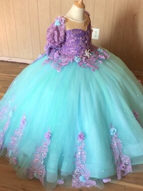 Lavish Purple & Aqua Flower-Embellished Girls' Ball Gown Dress